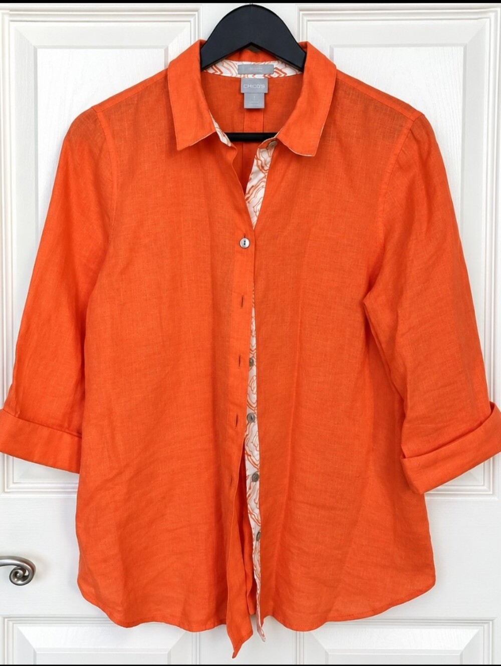 Chicos Orange 100% Linen Button Down Blouse Sz 1 (Med)